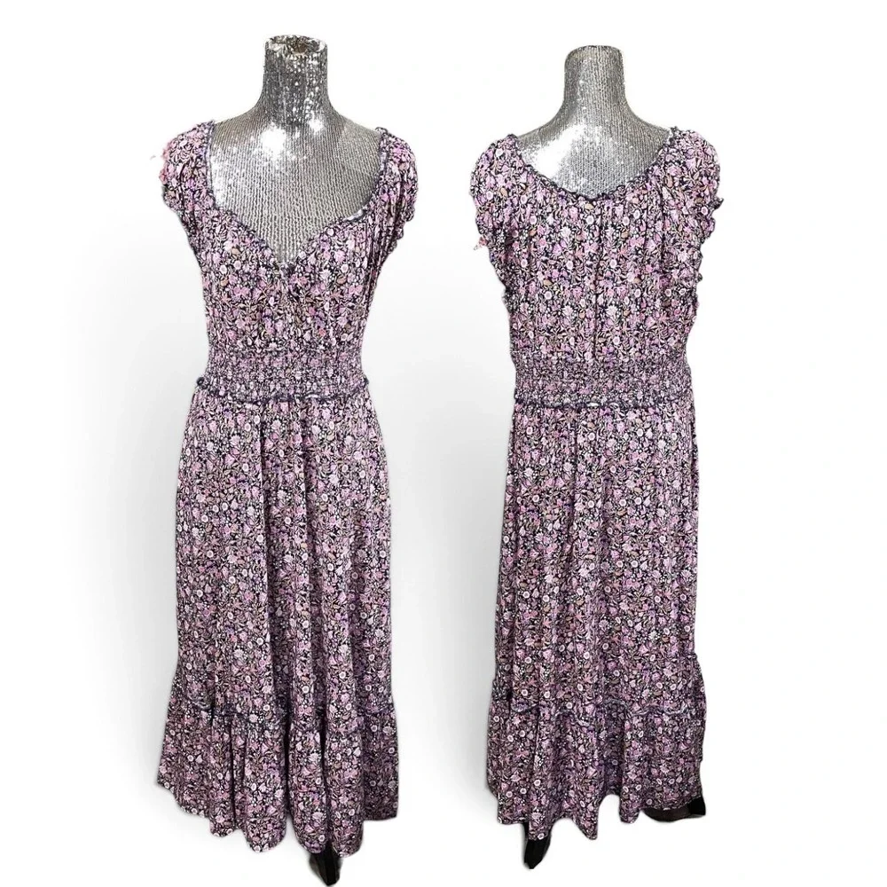 Floral Smocked Tiered Maxi Dress XL Cotton Rayon Cap Sleeve Ruffle Peasant